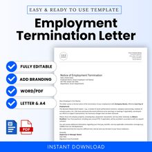 Employment Termination Letter template with editable Word and PDF formats, branding option, and Letter/A4 sizes shown with a preview of the form and instant download icons.