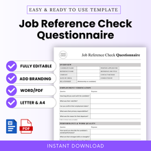 Job Reference Check Questionnaire Template Word and Job Reference Check Questionnaire Template PDF shown in a clean, modern layout with editable fields and structured sections. This simple Job Reference Check Template is ideal for HR professionals, recruiters, and small business owners looking for a printable, editable business template for candidate screening.