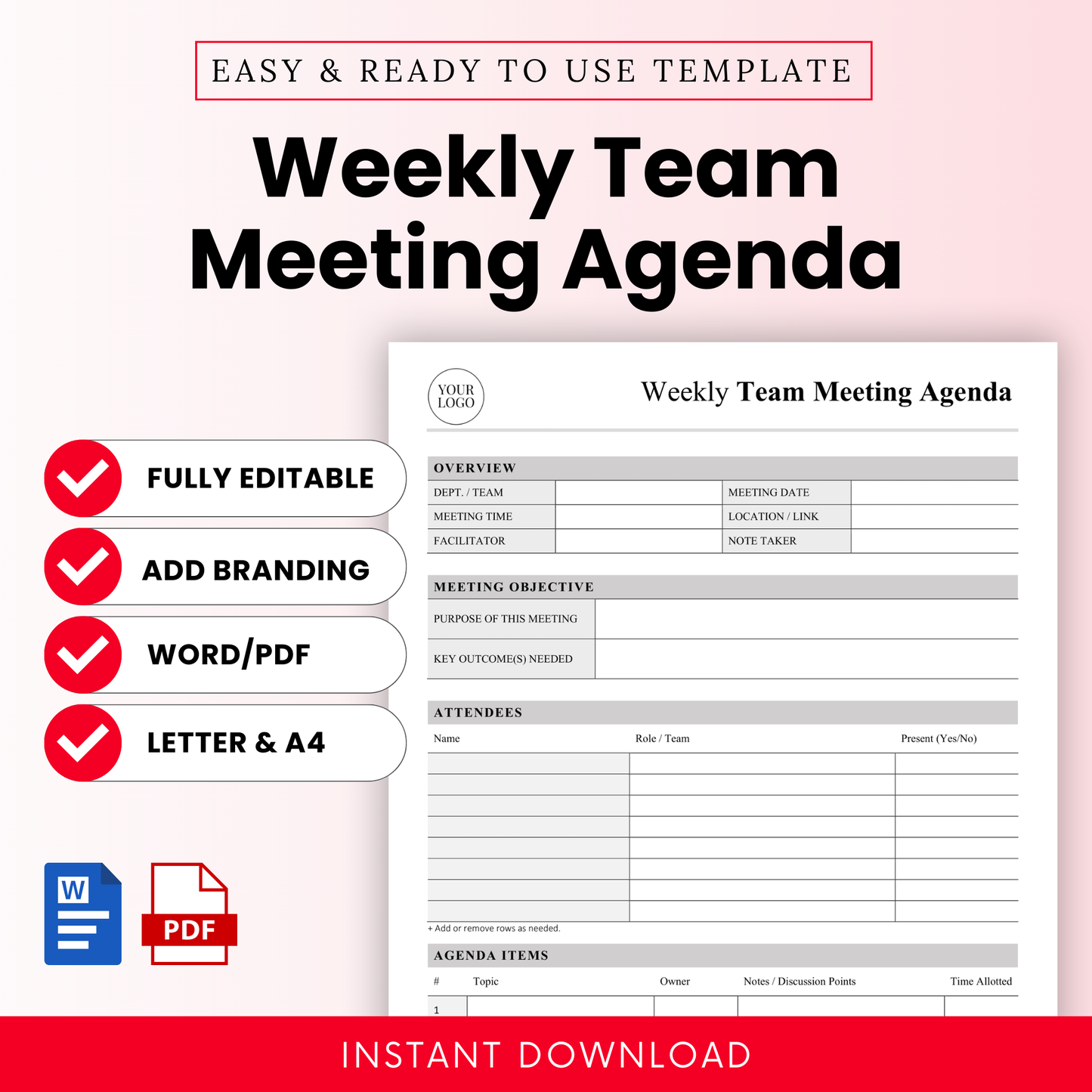 Editable weekly team meeting agenda template Word with clean layout, editable fields for meeting details, attendees, objectives, and agenda items in Word and PDF format
