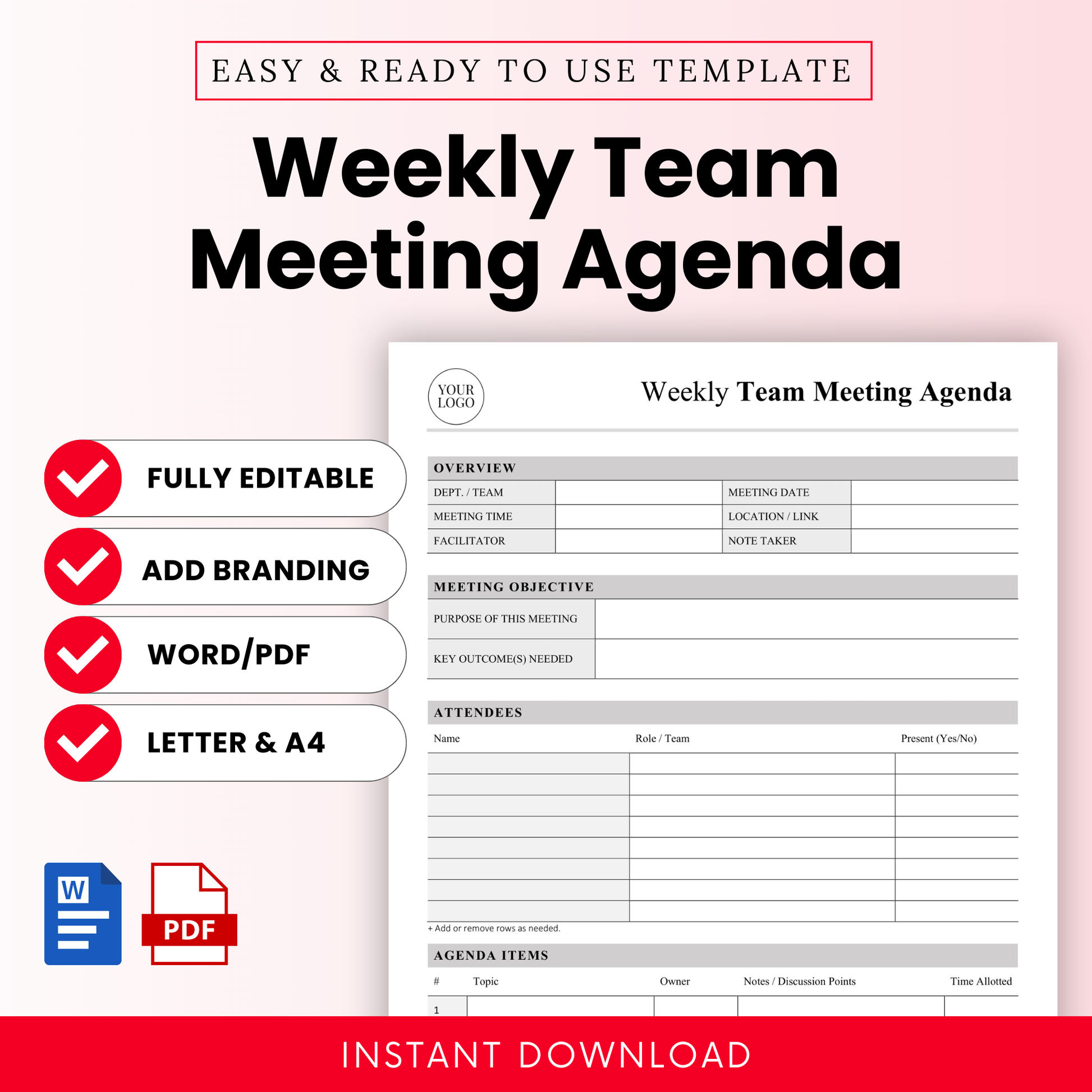 Editable weekly team meeting agenda template Word with clean layout, editable fields for meeting details, attendees, objectives, and agenda items in Word and PDF format