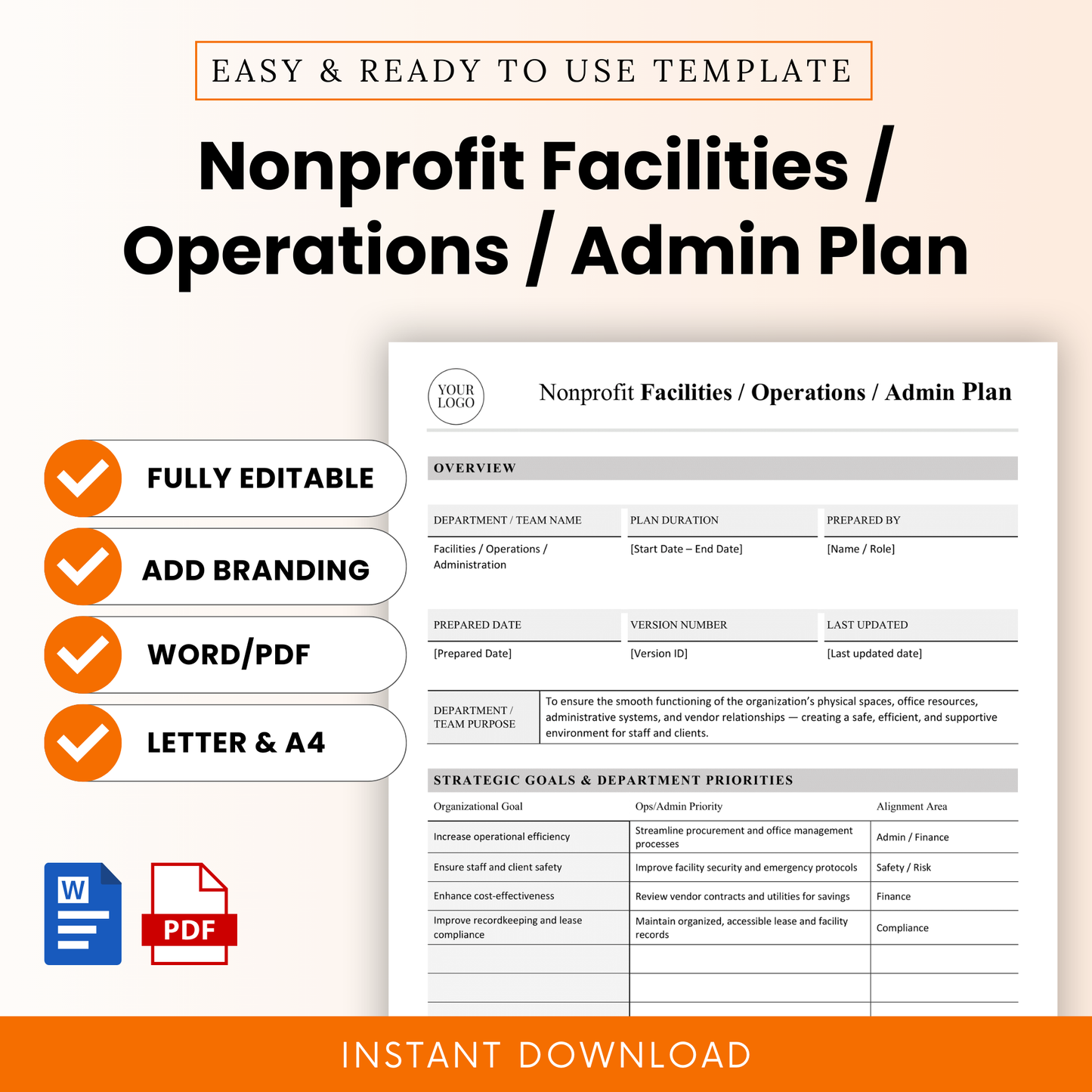 Nonprofit facilities operations admin plan template preview with editable overview section, strategic goals table, and clean minimalist layout for organizational planning