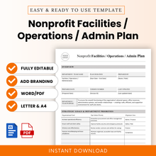 Nonprofit facilities operations admin plan template preview with editable overview section, strategic goals table, and clean minimalist layout for organizational planning