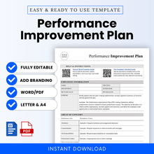 Editable Performance Improvement Plan template listing image featuring a clean gray and blue design, bold title text, Word and PDF icons, and key benefits including fully editable format, branding option, US Letter and A4 sizes, and instant digital download for HR and employee management use