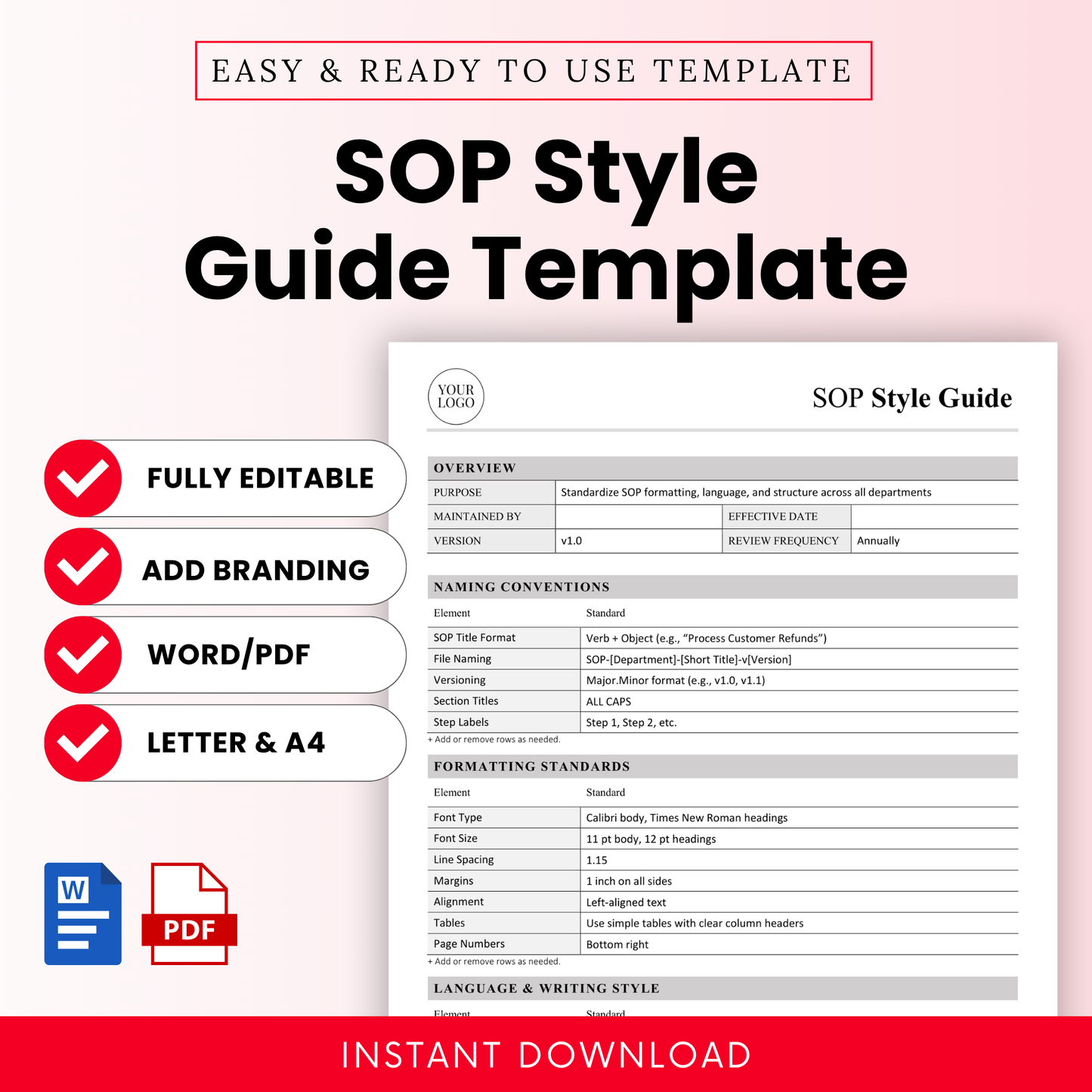Simple SOP style guide template cover with editable Word document preview, clean business layout, fully editable, includes Word and PDF formats, letter and A4 sizes, instant download
