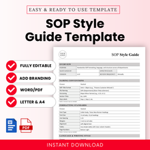 Simple SOP style guide template cover with editable Word document preview, clean business layout, fully editable, includes Word and PDF formats, letter and A4 sizes, instant download