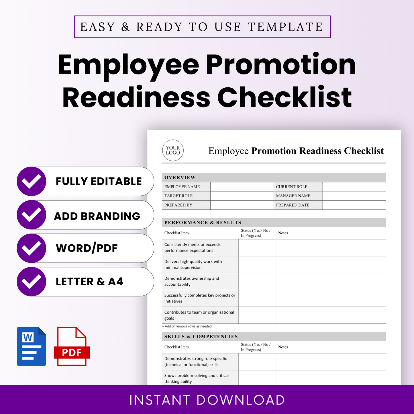 Employee promotion readiness checklist template preview, editable HR evaluation form with performance review sections, Word and PDF formats, letter and A4 sizes, minimalist professional layout