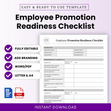Employee promotion readiness checklist template preview, editable HR evaluation form with performance review sections, Word and PDF formats, letter and A4 sizes, minimalist professional layout