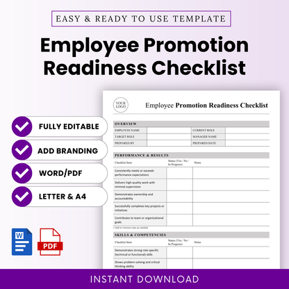 Employee promotion readiness checklist template preview, editable HR evaluation form with performance review sections, Word and PDF formats, letter and A4 sizes, minimalist professional layout