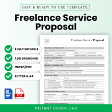 Freelance service proposal template editable Word and PDF document for freelancers and small business owners, clean minimalist layout with branding option, includes proposal information, client details, scope of work, and instant download