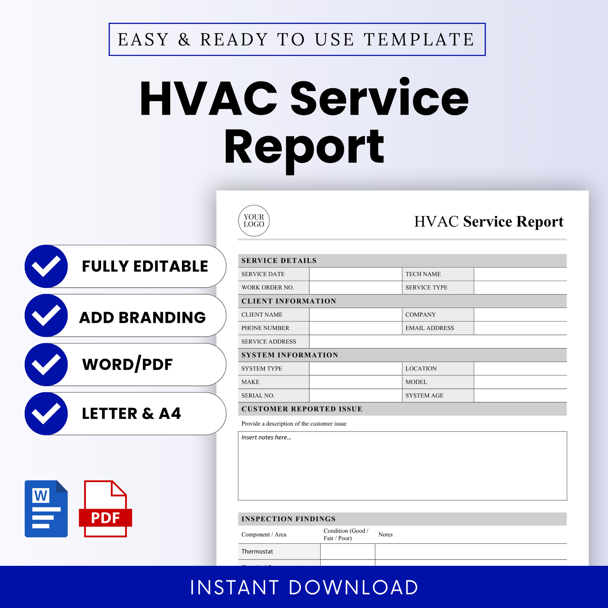 Simple HVAC Service Report Template Word and HVAC Service Report Template PDF shown in a clean, professional layout with editable sections. This Standard Operating Procedure style HVAC Service Report template is ideal for HVAC technicians, contractors, and small business owners to document service jobs and inspections efficiently.