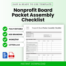 Promotional cover image for an editable Nonprofit Board Packet Assembly Checklist template, showing a preview of the checklist page with green feature badges for Fully Editable, Add Branding, Word/PDF, and Letter & A4.