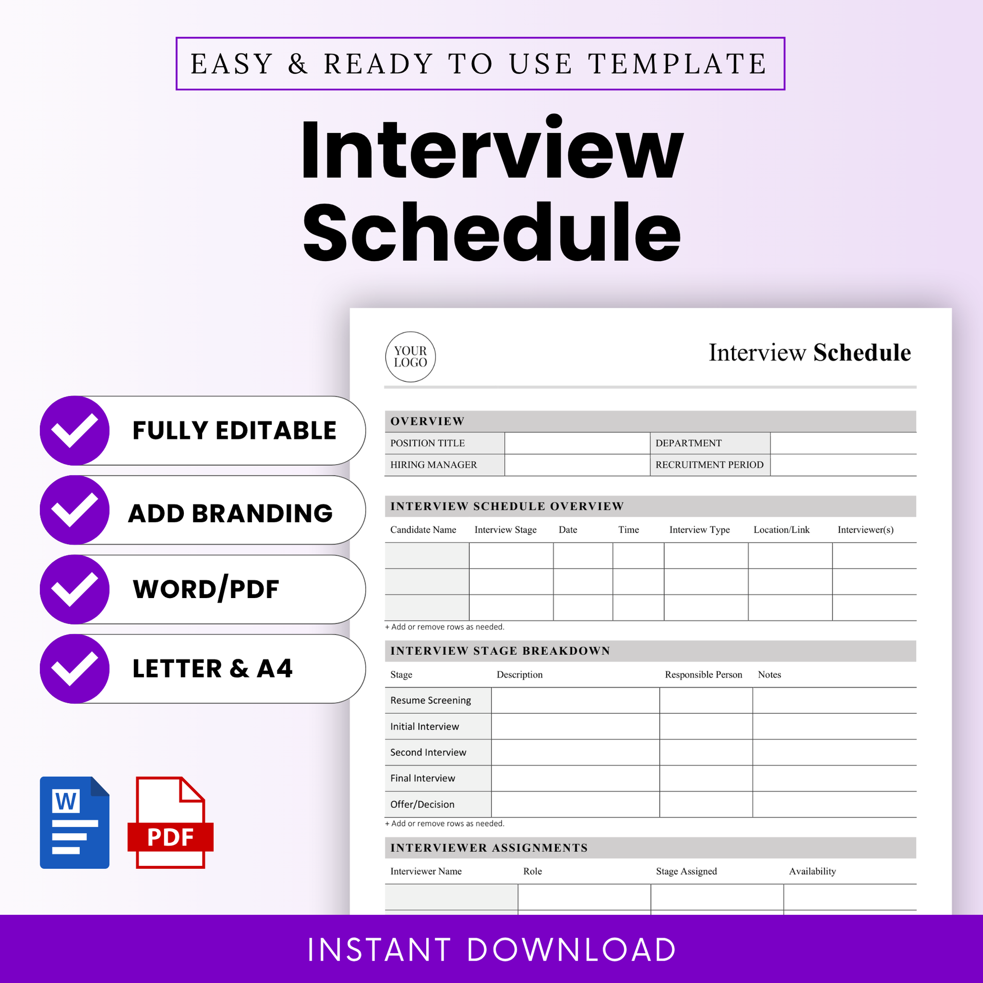 Editable interview schedule template Word and PDF for recruiters and HR teams, designed as a hiring tracker and recruitment planner to organize candidate interviews