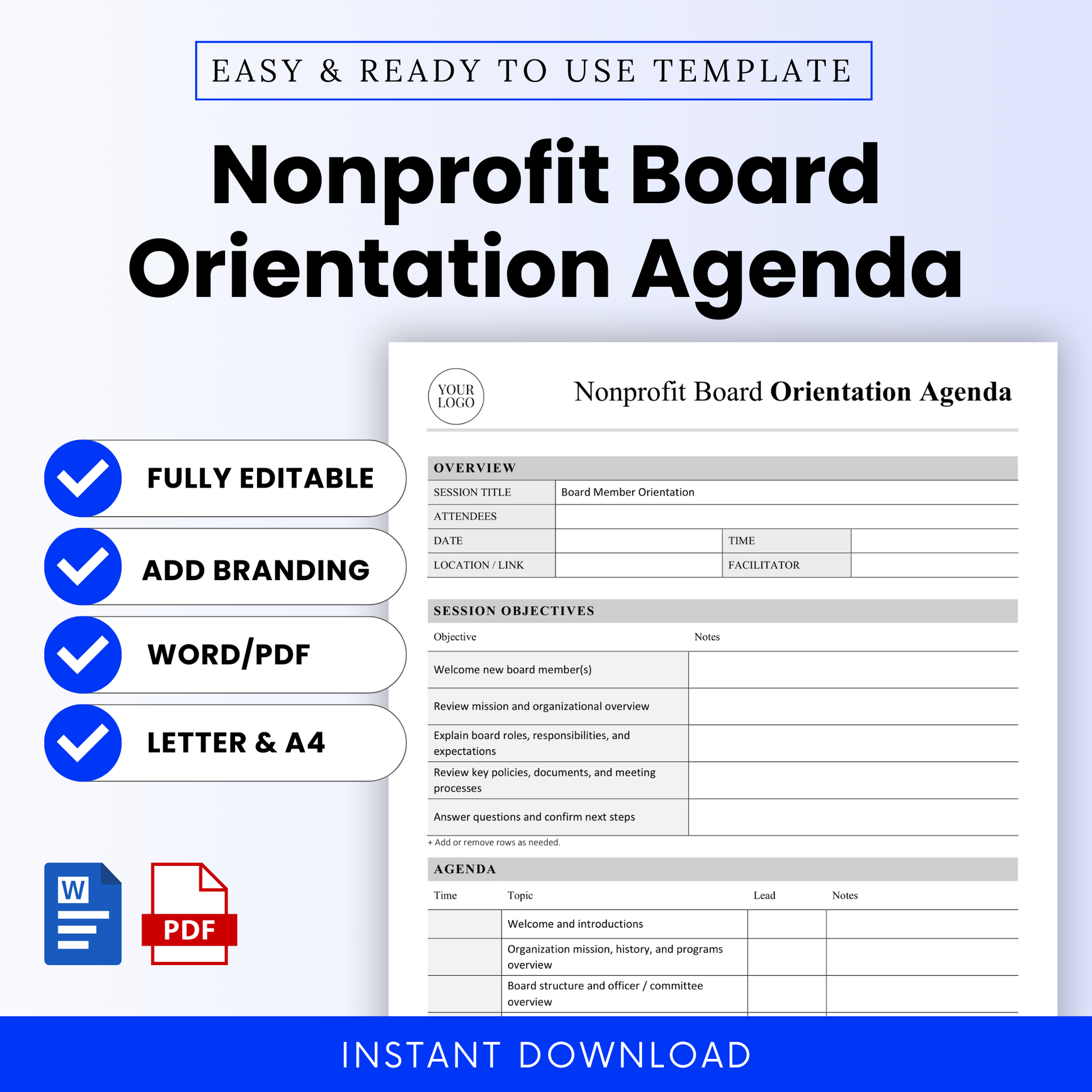 Nonprofit board orientation agenda template cover image featuring a clean editable agenda document preview, fully editable Word and PDF icons, add branding option, US Letter and A4 sizes, and instant download text for nonprofit board onboarding and governance planning
