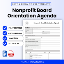 Nonprofit board orientation agenda template cover image featuring a clean editable agenda document preview, fully editable Word and PDF icons, add branding option, US Letter and A4 sizes, and instant download text for nonprofit board onboarding and governance planning