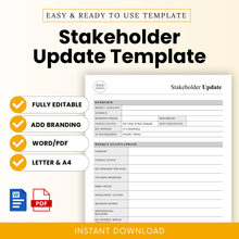 Simple stakeholder update template preview with bold title, editable business report layout, Word and PDF formats, professional project status report design, instant download