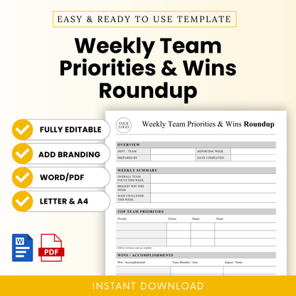 Editable weekly team priorities and wins roundup template in Word and PDF format, minimalist business report layout for tracking team progress, goals, and achievements