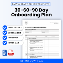 30-60-90 day onboarding plan template, editable employee onboarding checklist, HR onboarding schedule, new hire training plan Word and PDF, printable A4 US letter business template