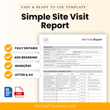 Simple site visit report template with clean minimalist layout, fully editable construction inspection form, Word and PDF format, includes checklist sections, branding option, US Letter and A4 sizes, instant download printable report