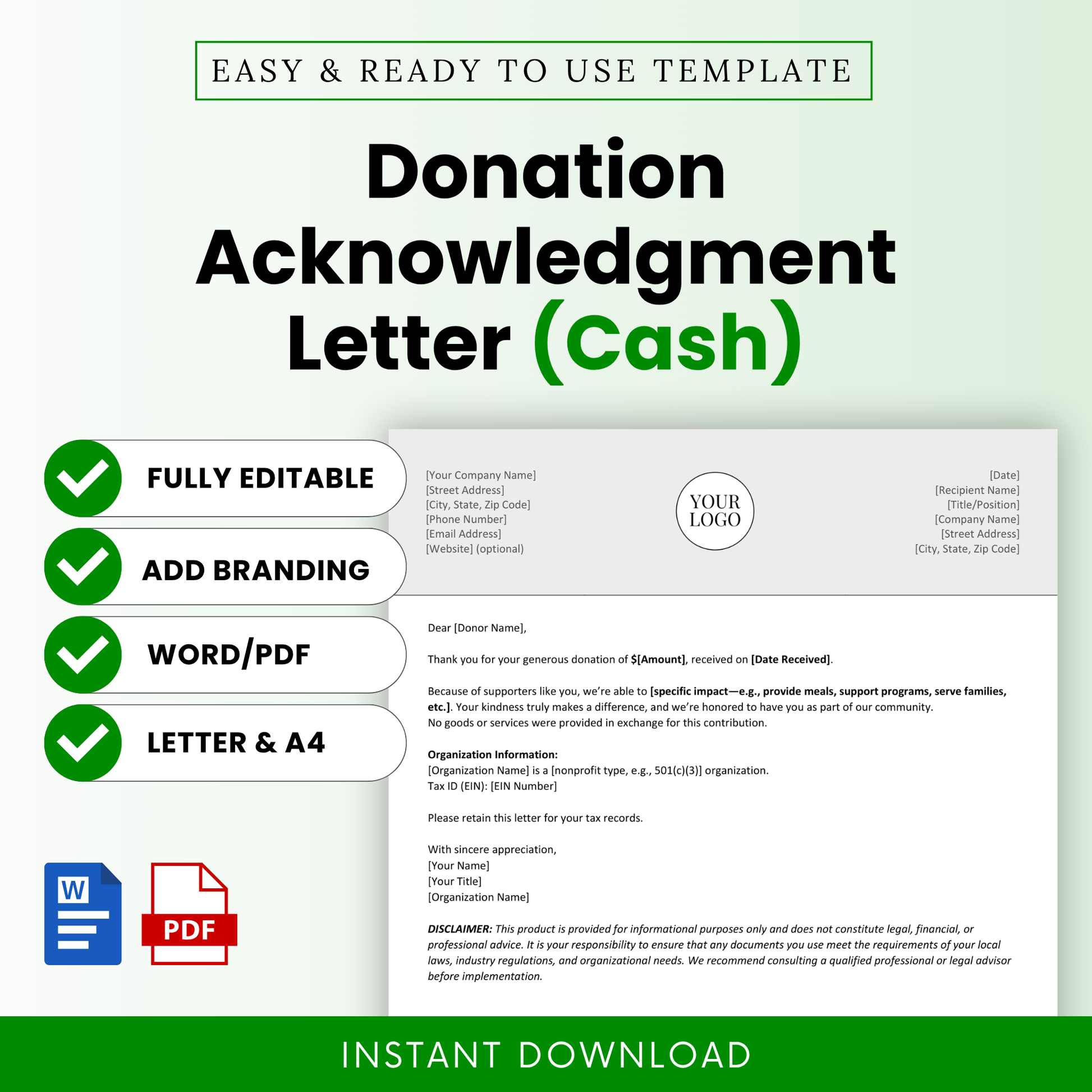 Donation Acknowledgment Letter Template Word and Donation Acknowledgment Letter Template PDF shown in a clean, modern layout with editable sections for nonprofits. This simple Donation Acknowledgment Letter template is ideal for creating professional donor thank you letters and tax-compliant donation receipts.