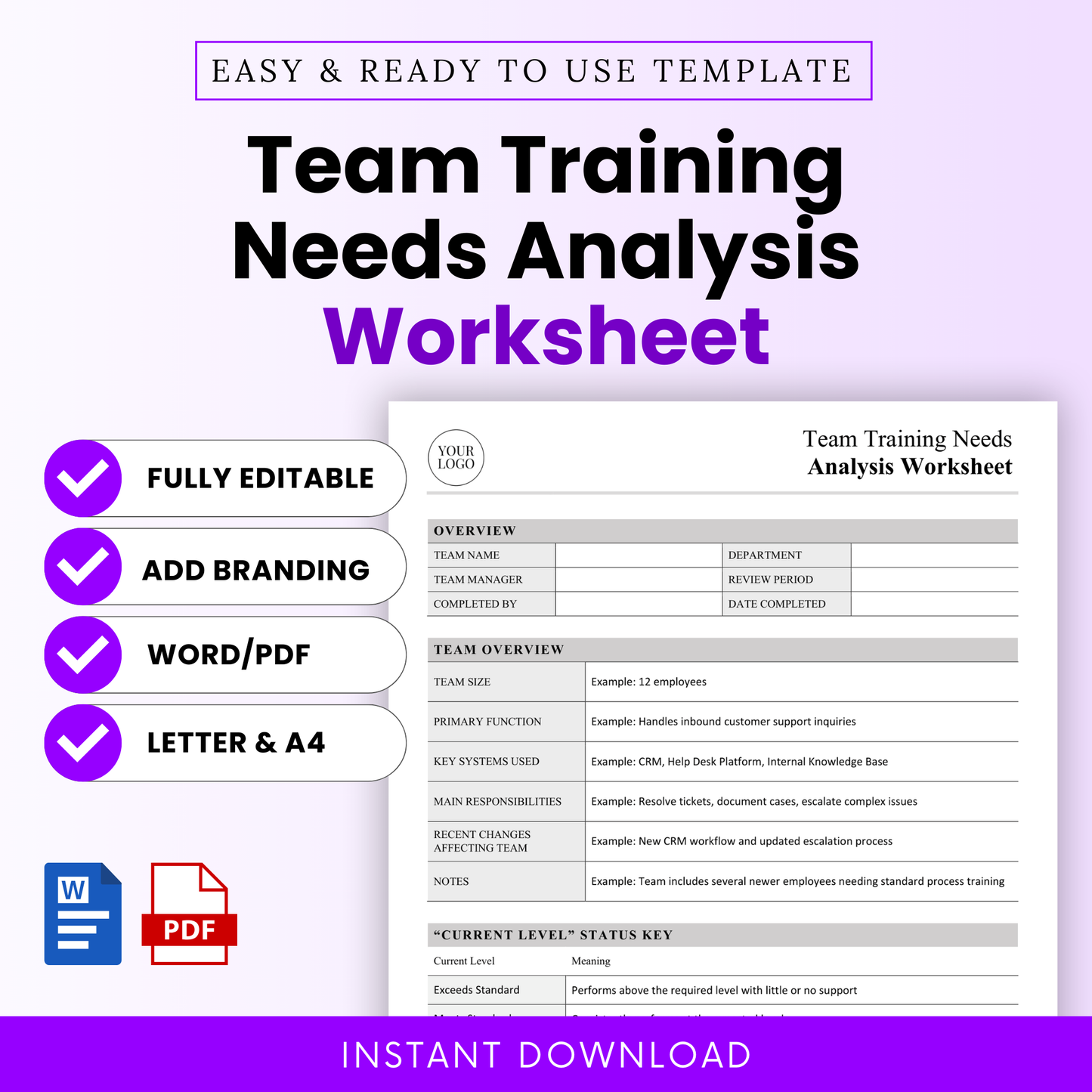Simple team training needs analysis worksheet template with editable sections, Word and PDF formats, US Letter and A4 sizes, ideal for HR managers and team leaders