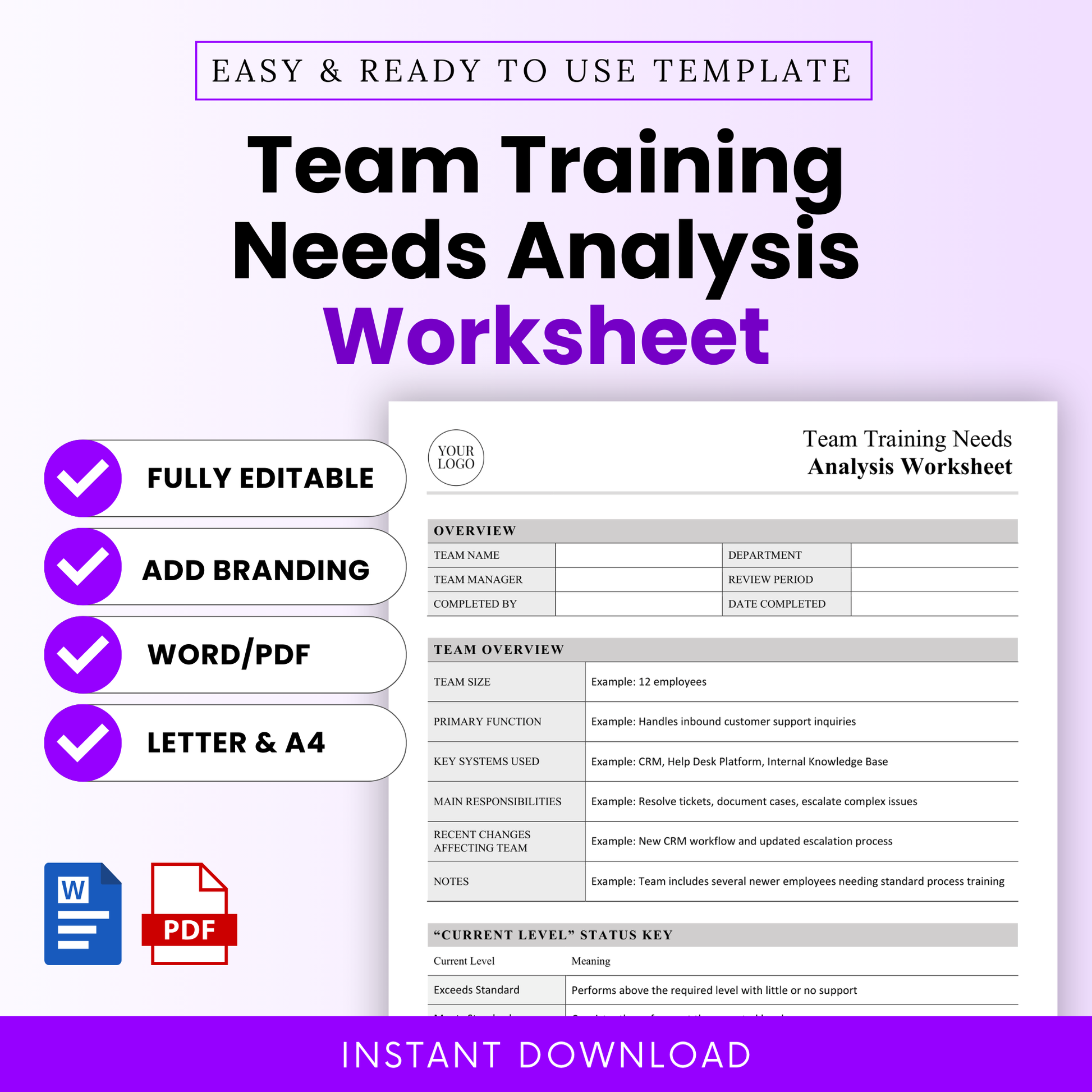 Simple team training needs analysis worksheet template with editable sections, Word and PDF formats, US Letter and A4 sizes, ideal for HR managers and team leaders
