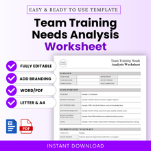 Simple team training needs analysis worksheet template with editable sections, Word and PDF formats, US Letter and A4 sizes, ideal for HR managers and team leaders