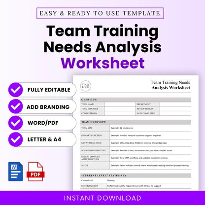 Simple team training needs analysis worksheet template with editable sections, Word and PDF formats, US Letter and A4 sizes, ideal for HR managers and team leaders