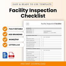 Facility inspection checklist template with clean minimalist layout, editable Word and PDF document for safety inspections, maintenance tracking, and compliance audits, includes branding option and printable formats