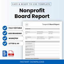 Editable nonprofit board report template cover preview featuring a clean minimalist board meeting report layout for nonprofits and charitable organizations, with fully editable Microsoft Word and printable PDF files in US Letter and A4 sizes, plus branding-ready design and instant download format