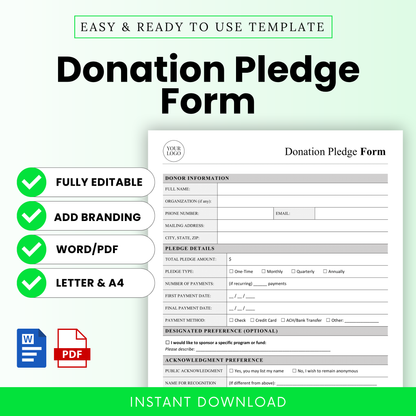 Simple Donation Pledge Form Template Word and Donation Pledge Form Template PDF shown with a clean, minimalist layout and editable fields. This Donation Pledge Form Template is ideal for nonprofits and organizations to collect donor details, pledge amounts, and payment preferences in a professional, printable business template.