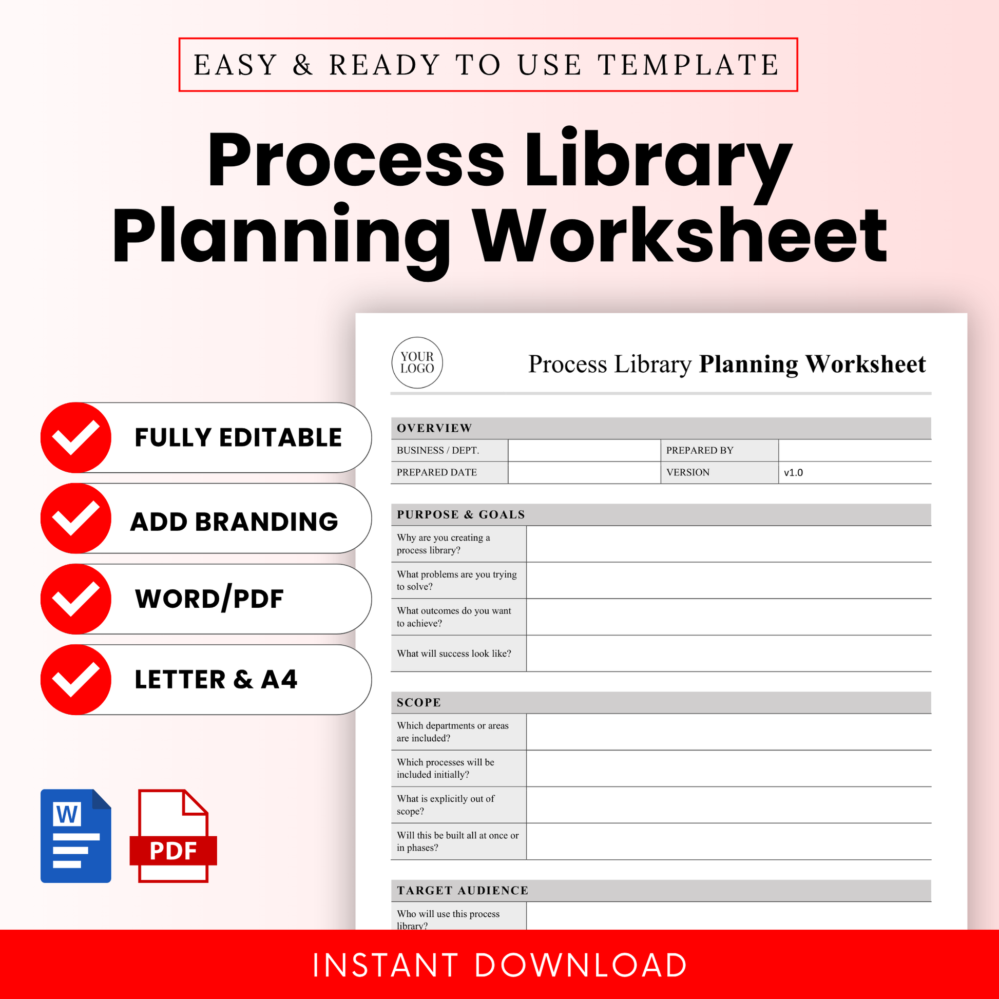 Process library planning worksheet template cover with clean minimalist layout, business operations planner document, editable SOP planning worksheet, instant download document for workflow organization
