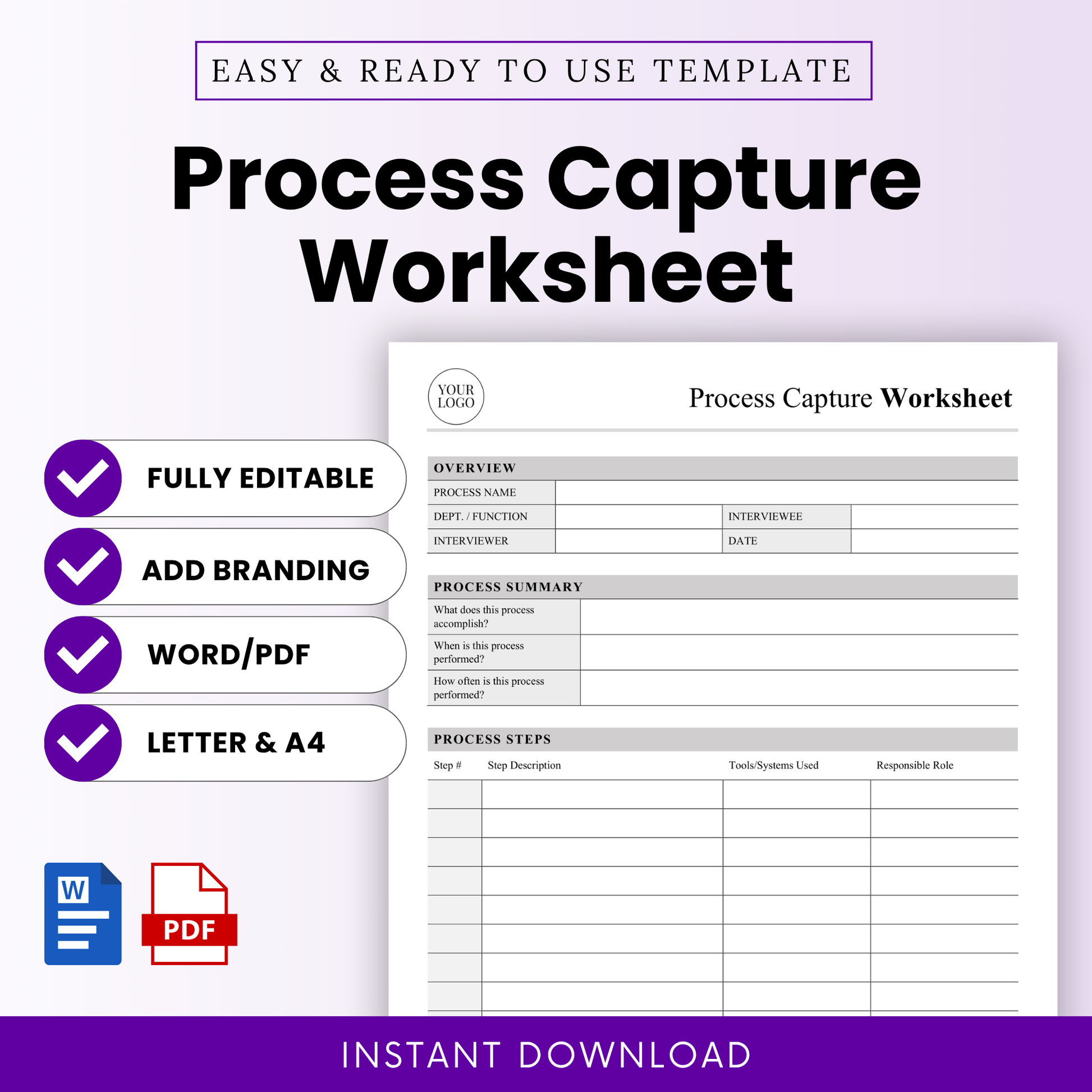 process capture worksheet template preview, business workflow document, SOP template, editable word and pdf, operations management printable, instant download planner