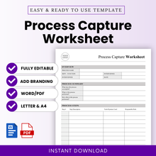 process capture worksheet template preview, business workflow document, SOP template, editable word and pdf, operations management printable, instant download planner