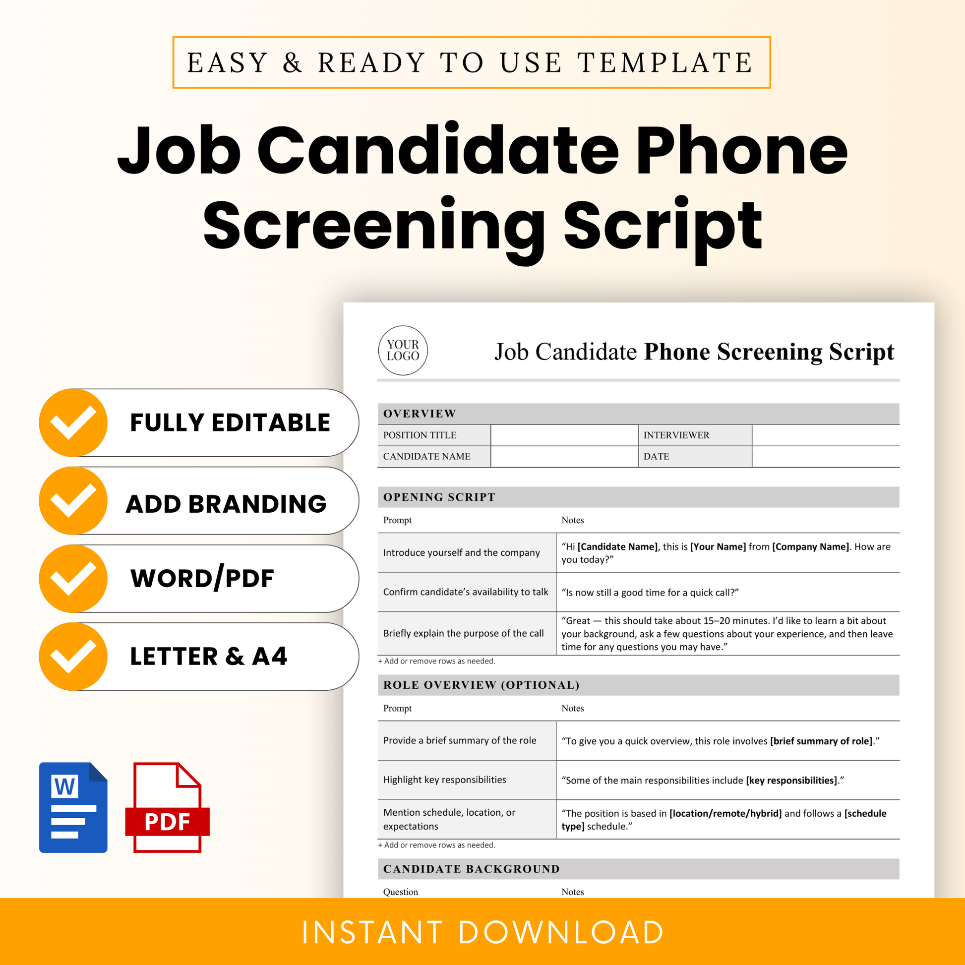 Clean, simple preview of a job candidate phone screening script template with editable sections for interview questions, notes, and hiring details, designed for HR professionals and recruiters