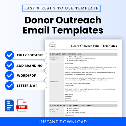 Donor Outreach Email Templates Template Word and Donor Outreach Email Templates Template PDF shown in a clean, professional layout with editable sections for nonprofit fundraising. This simple donor outreach template is ideal for charities, small organizations, and teams looking for an easy-to-use, printable business template to manage donor communications.