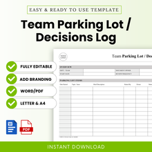 Simple team parking lot and decisions log template with editable sections, clean layout, Microsoft Word and PDF formats, includes overview table and parking lot items tracker for meetings