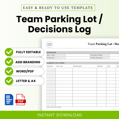Simple team parking lot and decisions log template with editable sections, clean layout, Microsoft Word and PDF formats, includes overview table and parking lot items tracker for meetings