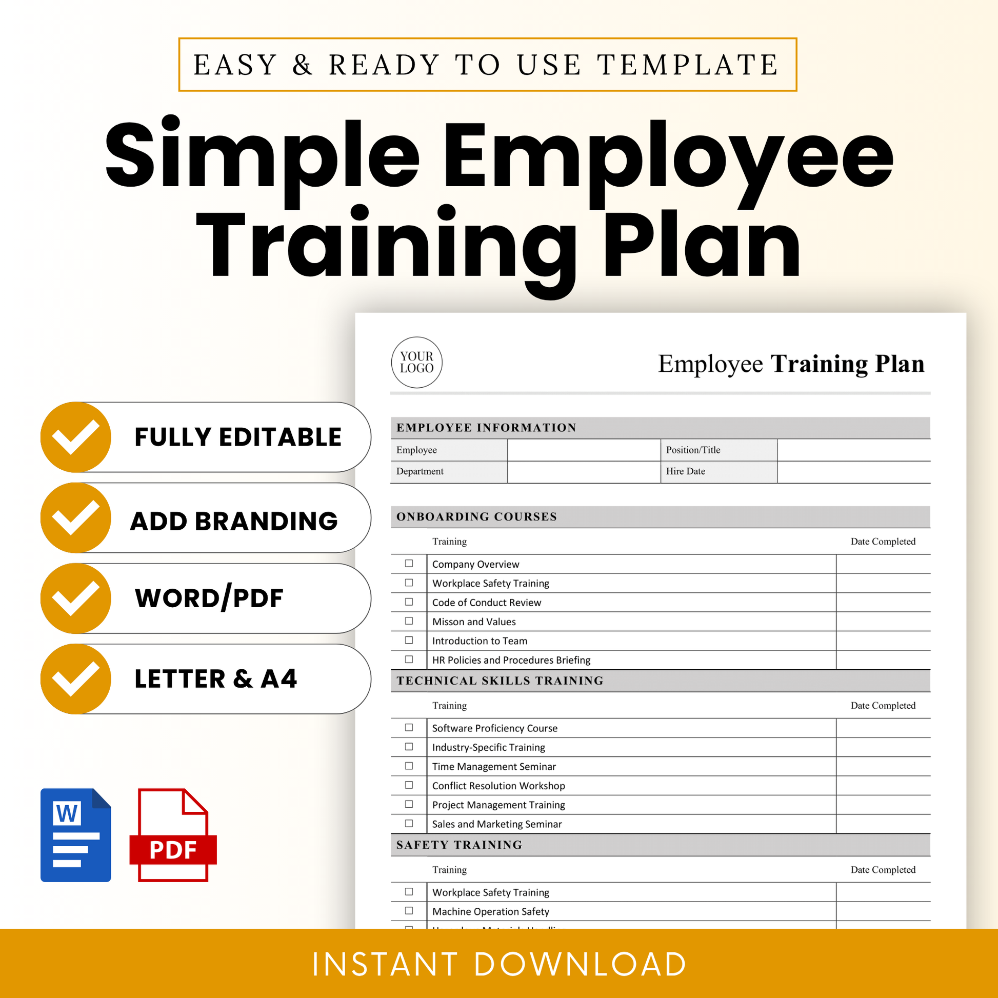 Modern beige-themed product preview for a “Simple Employee Training Plan” template, showcasing a clean, printable form with labeled training sections and editable fields.