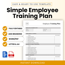 Modern beige-themed product preview for a “Simple Employee Training Plan” template, showcasing a clean, printable form with labeled training sections and editable fields.