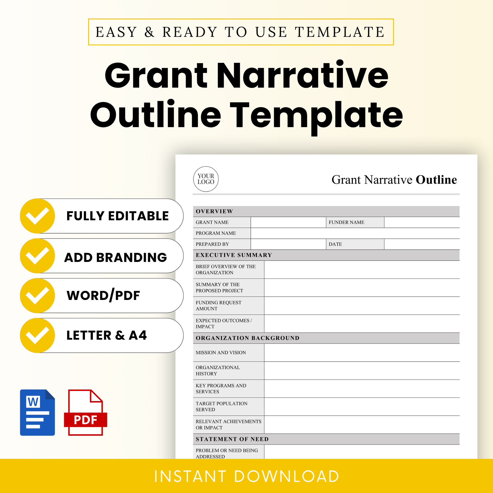 Grant Narrative Outline Template Word and Grant Narrative Outline Template PDF displayed with a clean, minimalist layout and editable sections. This simple Grant Narrative Template is perfect for nonprofits, grant writers, and small businesses needing a professional, printable business template to organize funding proposals.
