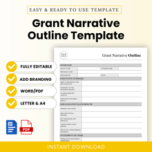 Grant Narrative Outline Template Word and Grant Narrative Outline Template PDF displayed with a clean, minimalist layout and editable sections. This simple Grant Narrative Template is perfect for nonprofits, grant writers, and small businesses needing a professional, printable business template to organize funding proposals.