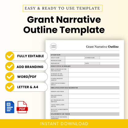 Grant Narrative Outline Template Word and Grant Narrative Outline Template PDF displayed with a clean, minimalist layout and editable sections. This simple Grant Narrative Template is perfect for nonprofits, grant writers, and small businesses needing a professional, printable business template to organize funding proposals.