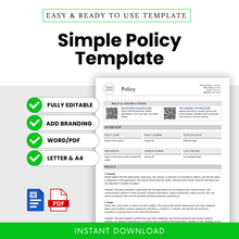 Editable simple policy template for businesses and small teams, featuring a clean minimalist policy document layout with Word and PDF formats, Letter and A4 sizes, branding-ready design, and instant download digital template for company policies and internal procedures