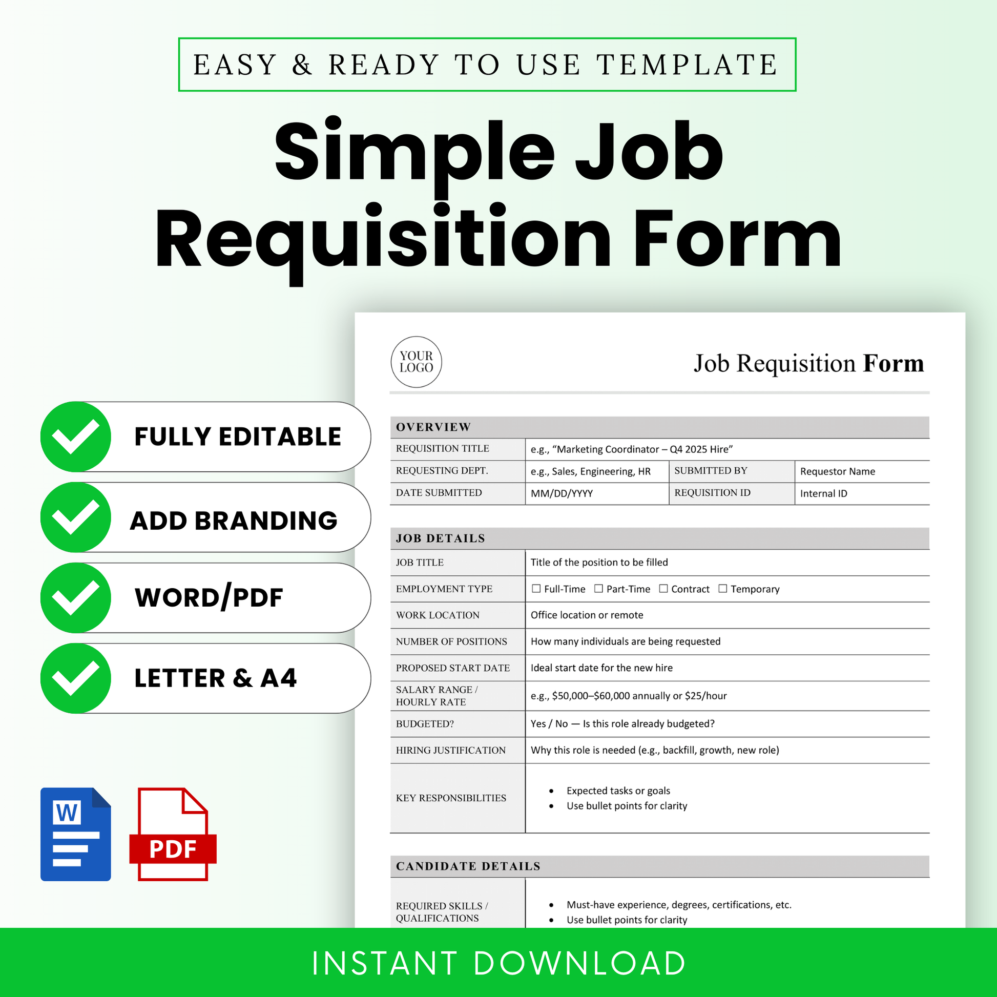 Simple Job Requisition Form template cover image, editable Word and printable PDF hiring form, HR recruitment document template, clean professional layout, instant download, Letter and A4 sizes