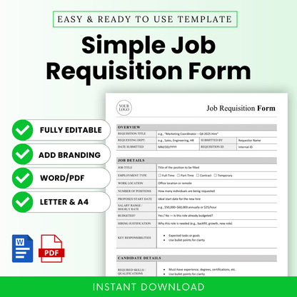Simple Job Requisition Form template cover image, editable Word and printable PDF hiring form, HR recruitment document template, clean professional layout, instant download, Letter and A4 sizes
