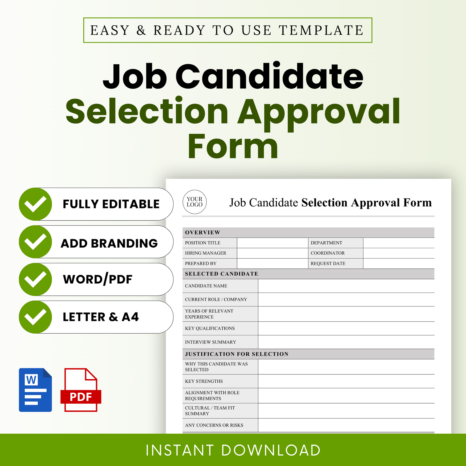 Simple Job Candidate Selection Approval Form Template Word and Job Candidate Selection Approval Form Template PDF displayed in a clean, modern layout with green accents. This editable hiring approval form is ideal for HR professionals, recruiters, and business owners who need a professional, printable business template for structured candidate evaluation and hiring decisions.