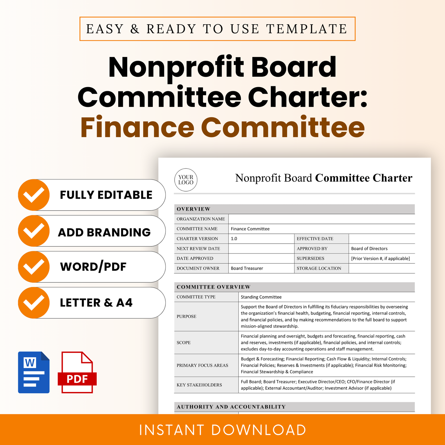 Nonprofit board committee charter finance committee template preview with editable Word and printable PDF format, includes branding option, US Letter and A4 sizes, clean professional layout for nonprofit governance