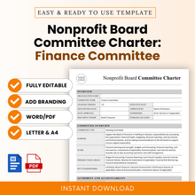 Nonprofit board committee charter finance committee template preview with editable Word and printable PDF format, includes branding option, US Letter and A4 sizes, clean professional layout for nonprofit governance