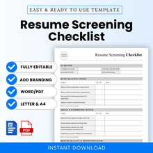 Resume screening checklist template preview with clean layout, editable HR hiring document, recruiter checklist Word and PDF instant download