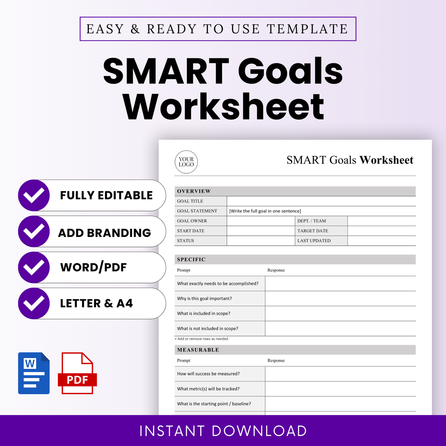 SMART goals worksheet template preview showing editable goal planning sheet with sections for overview, specific, measurable, and action planning, includes Word and PDF formats in US Letter and A4 sizes, minimal professional design